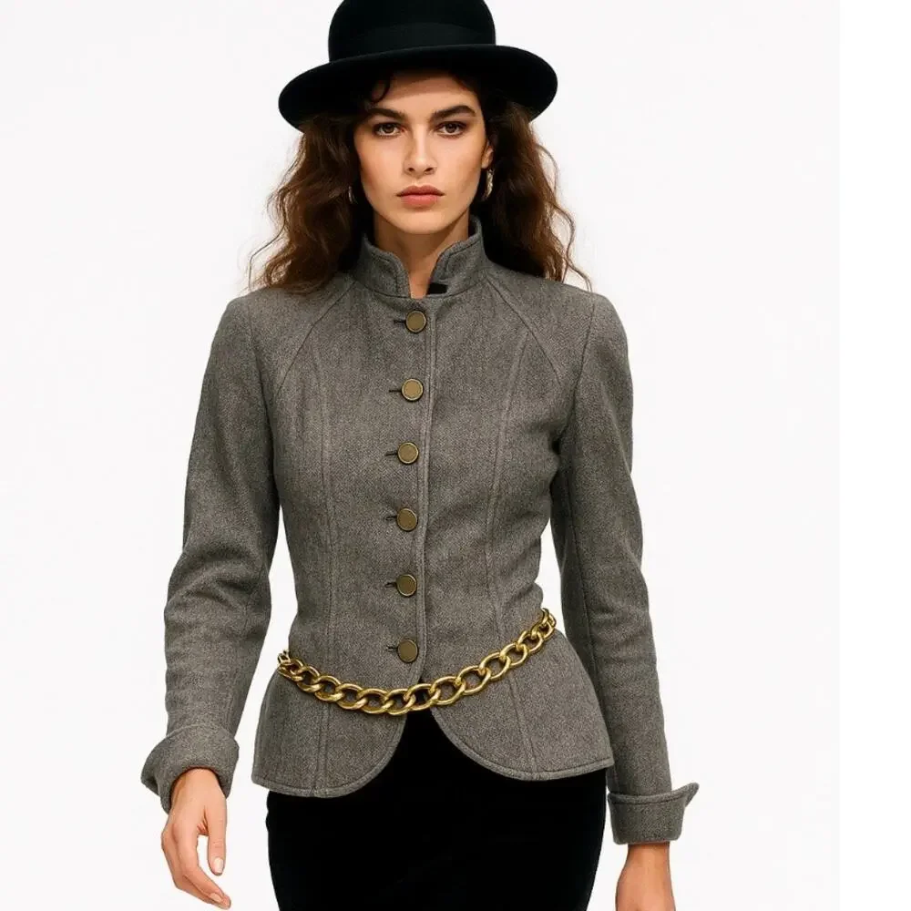 Karl Legerfeld Rare Vintage 90s Gray Tweed Military Steampunk Style Jacket